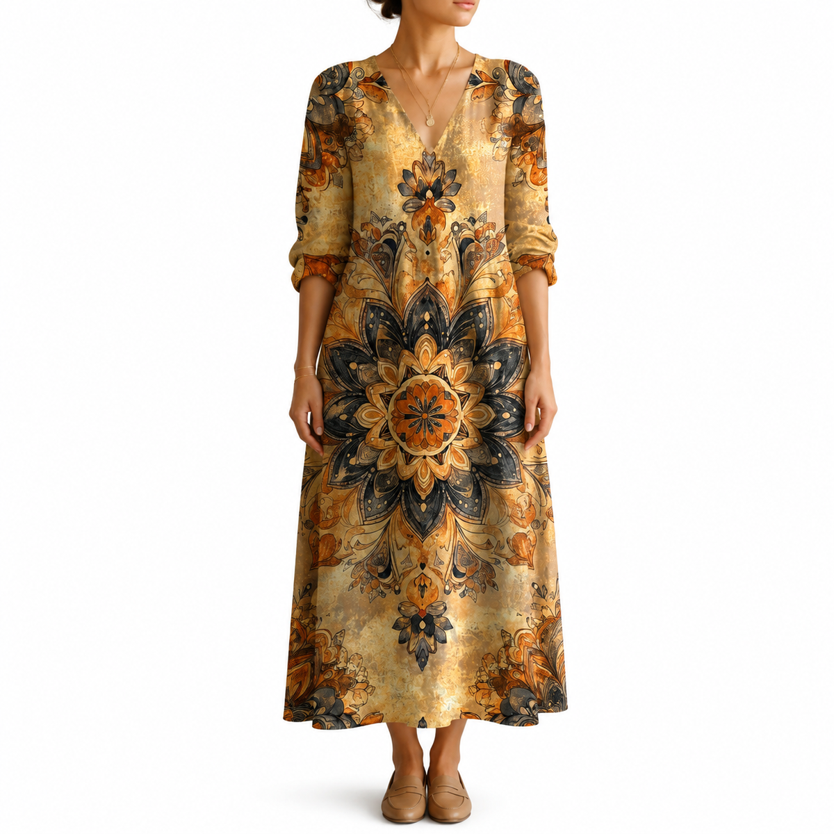 Dora – Rochie Artistică cu Model Geometric și Tonuri Pământii