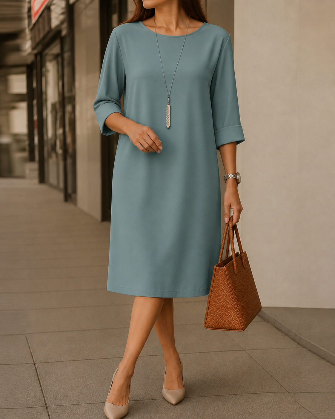 Simona | Rochie midi fluidă, cu efect de burtă plată