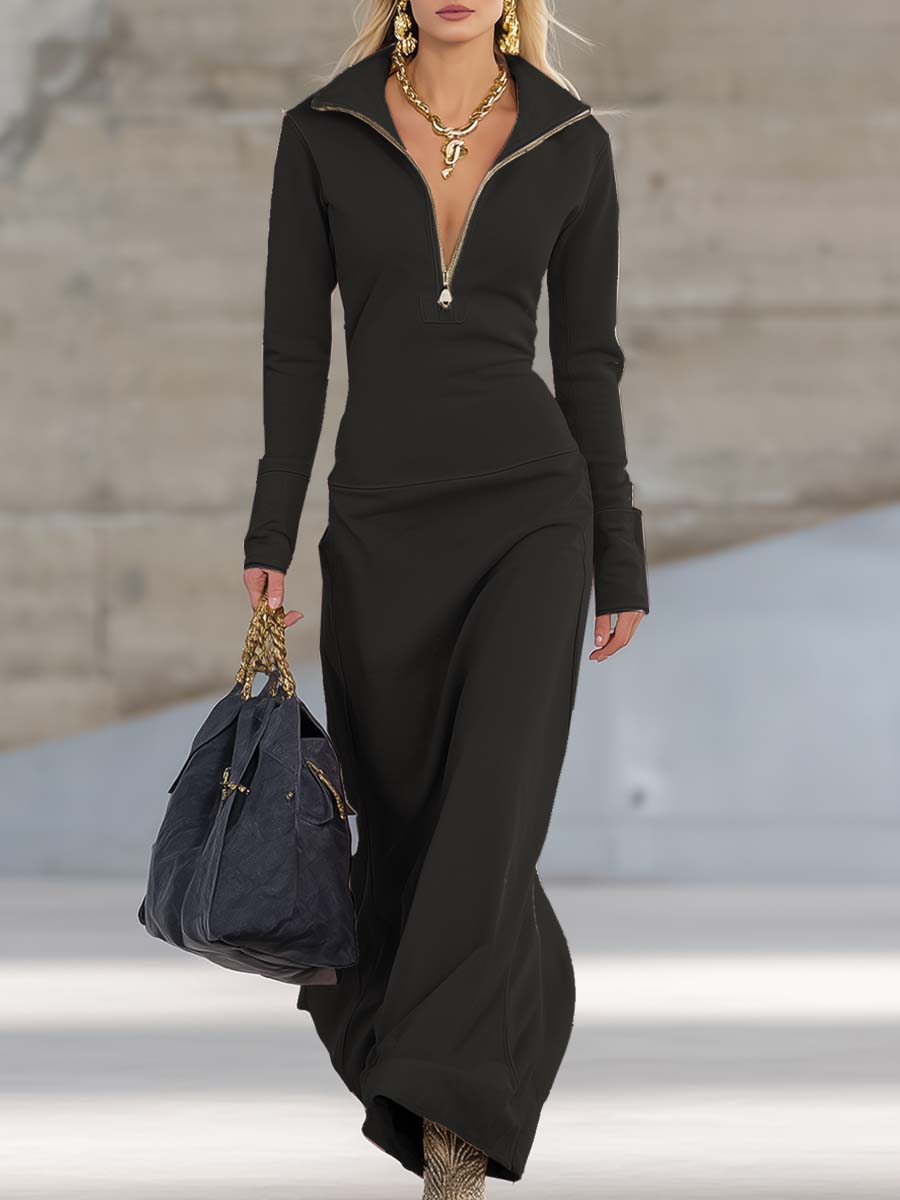 Valeria – Rochie maxi sport retro elegantă cu decolteu în V și fermoar