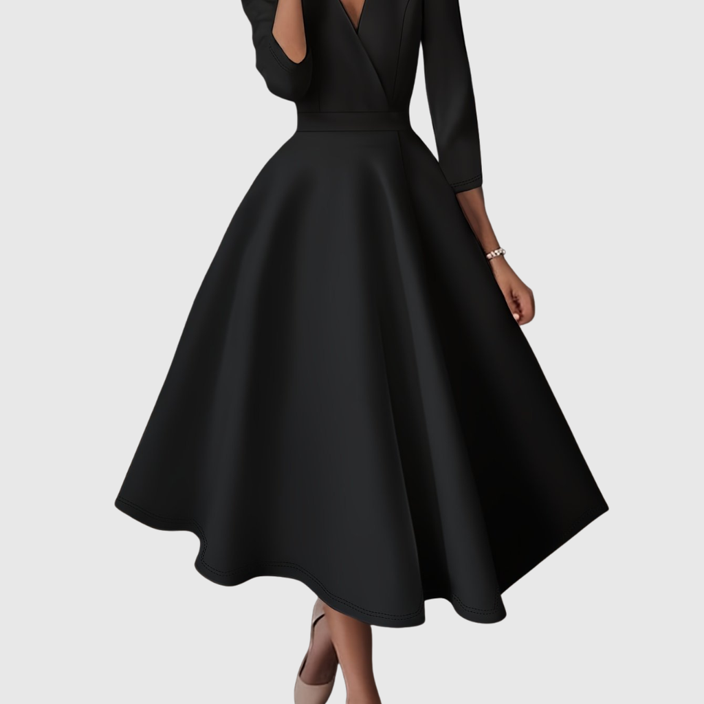 Ruxandra – Rochie Midi cu Talie Înaltă și Mâneci Bufante