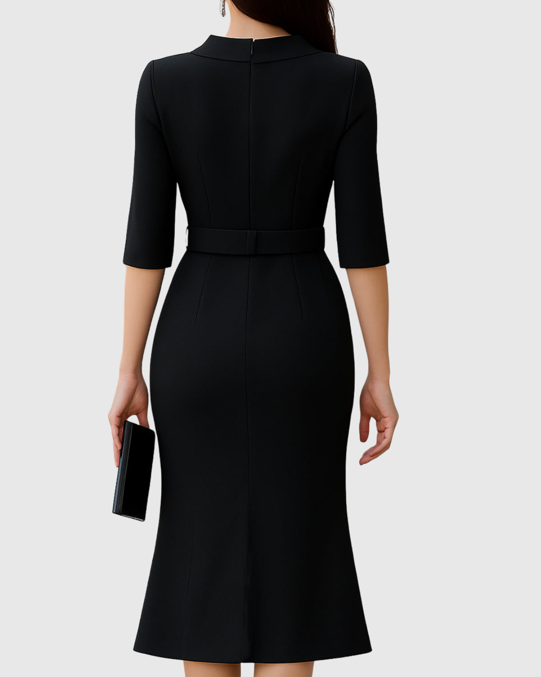 Aurora – Rochie Midi Neagră cu Curea și Tiv Asimetric