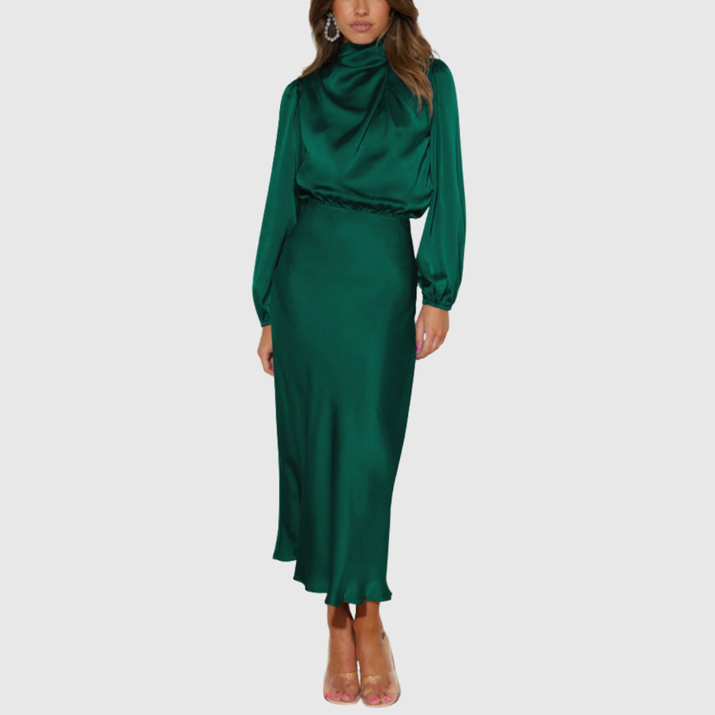 Matilda – Rochie Maxi Satinată cu Mâneci Bufante
