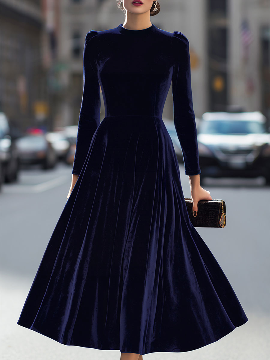 Adina – Rochie Midi din Catifea Bleumarin