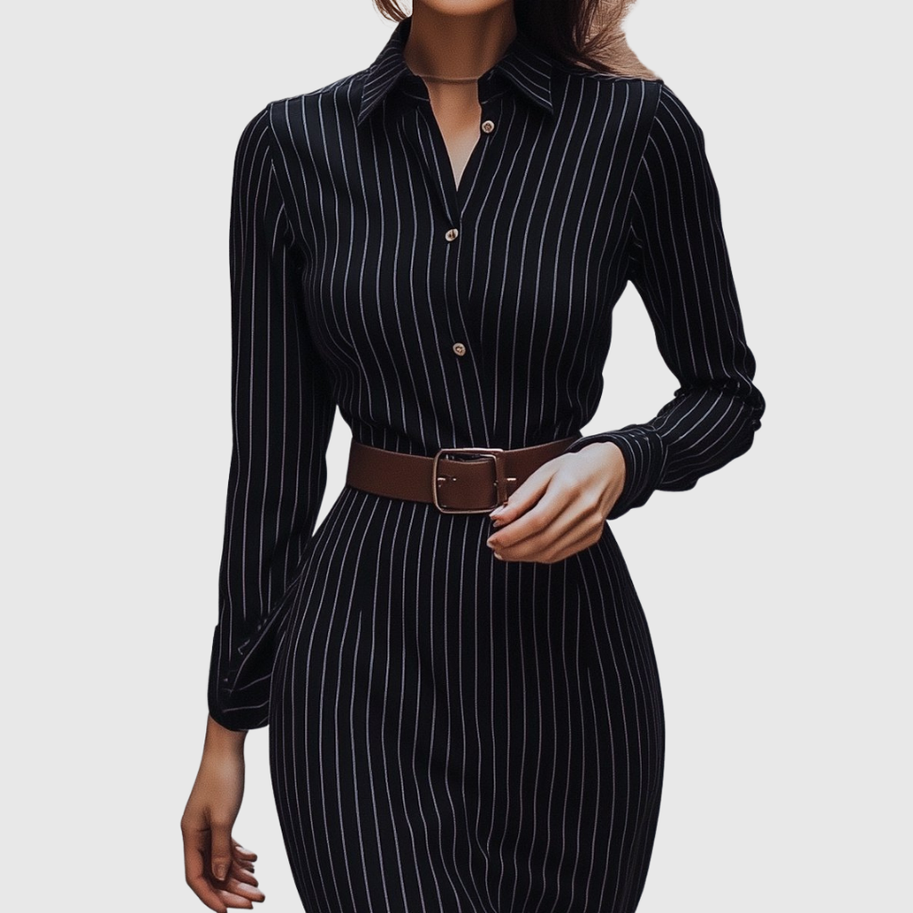 Tatiana – Rochie Cămașă Midi Neagră cu Dungi Fine