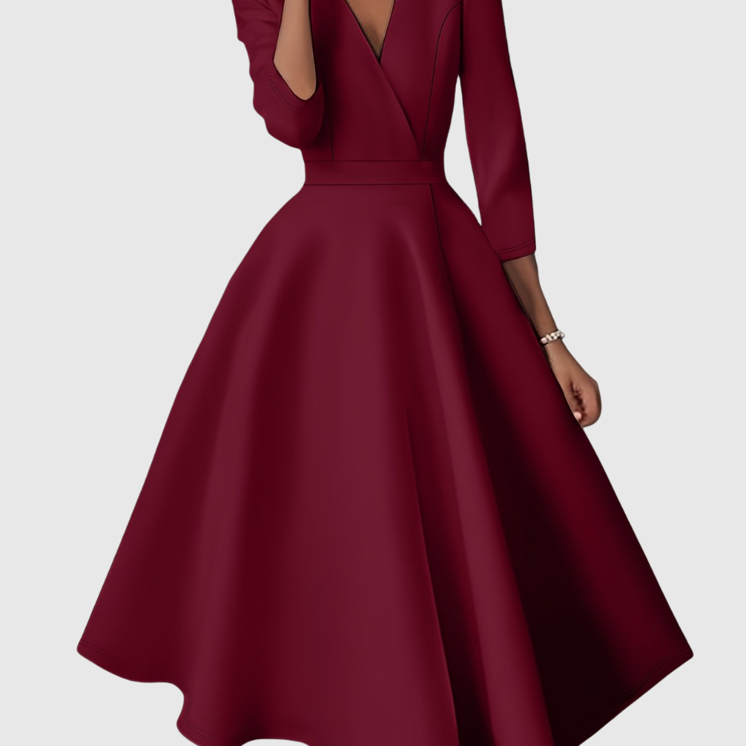 Ruxandra – Rochie Midi cu Talie Înaltă și Mâneci Bufante