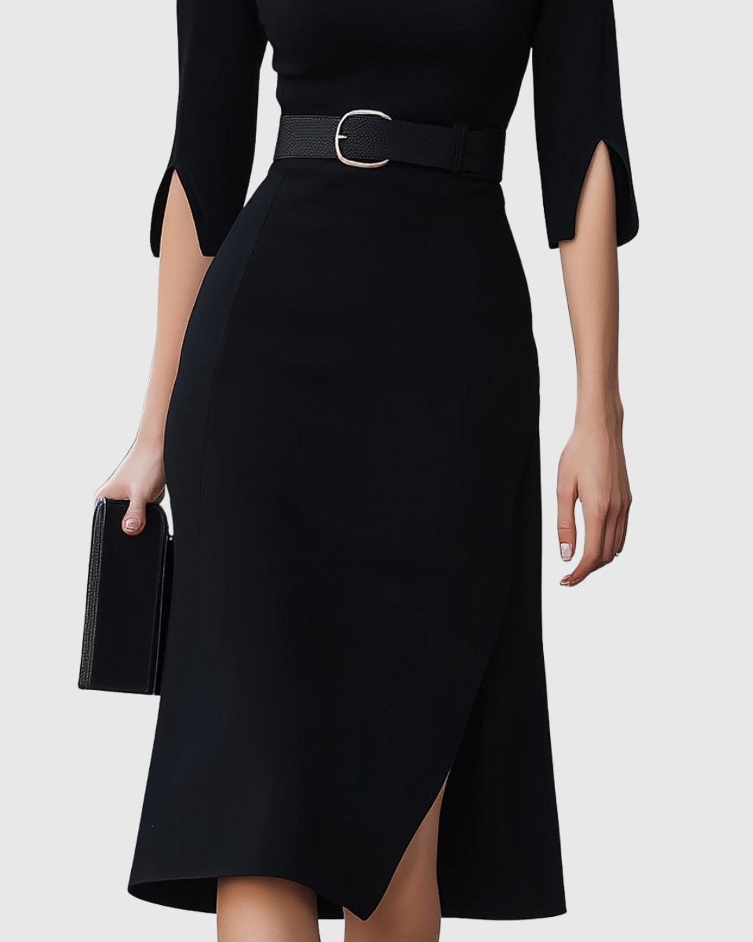 Aurora – Rochie Midi Neagră cu Curea și Tiv Asimetric