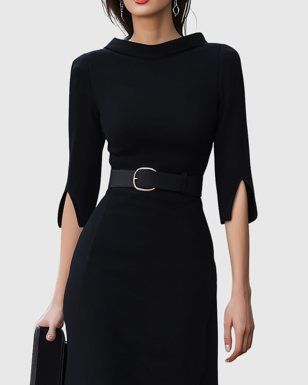 Aurora – Rochie Midi Neagră cu Curea și Tiv Asimetric