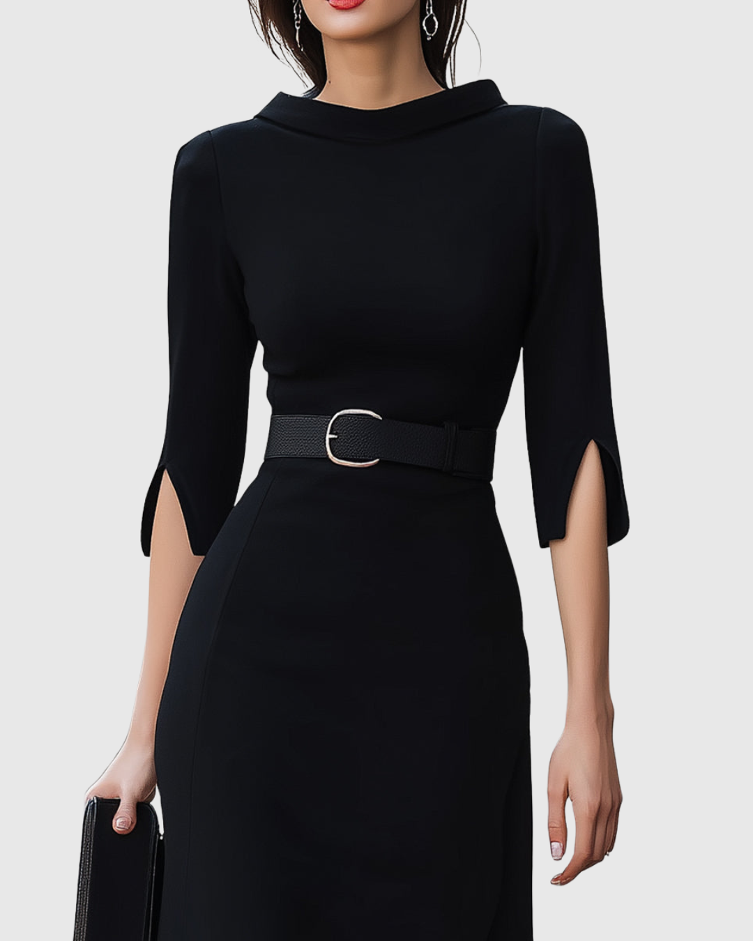 Aurora – Rochie Midi Neagră cu Curea și Tiv Asimetric