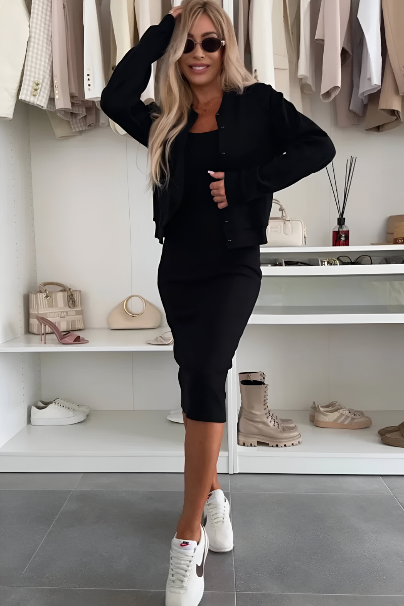 Benonia – Set din Două Piese cu Rochie Midi Fără Mâneci și Cardigan cu Nasturi