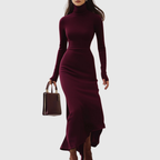 Daciana – Rochie Maxi Bordo cu Guler Înalt