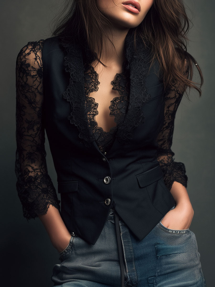 Anca | Top blazer negru cu mâneci semi-transparente