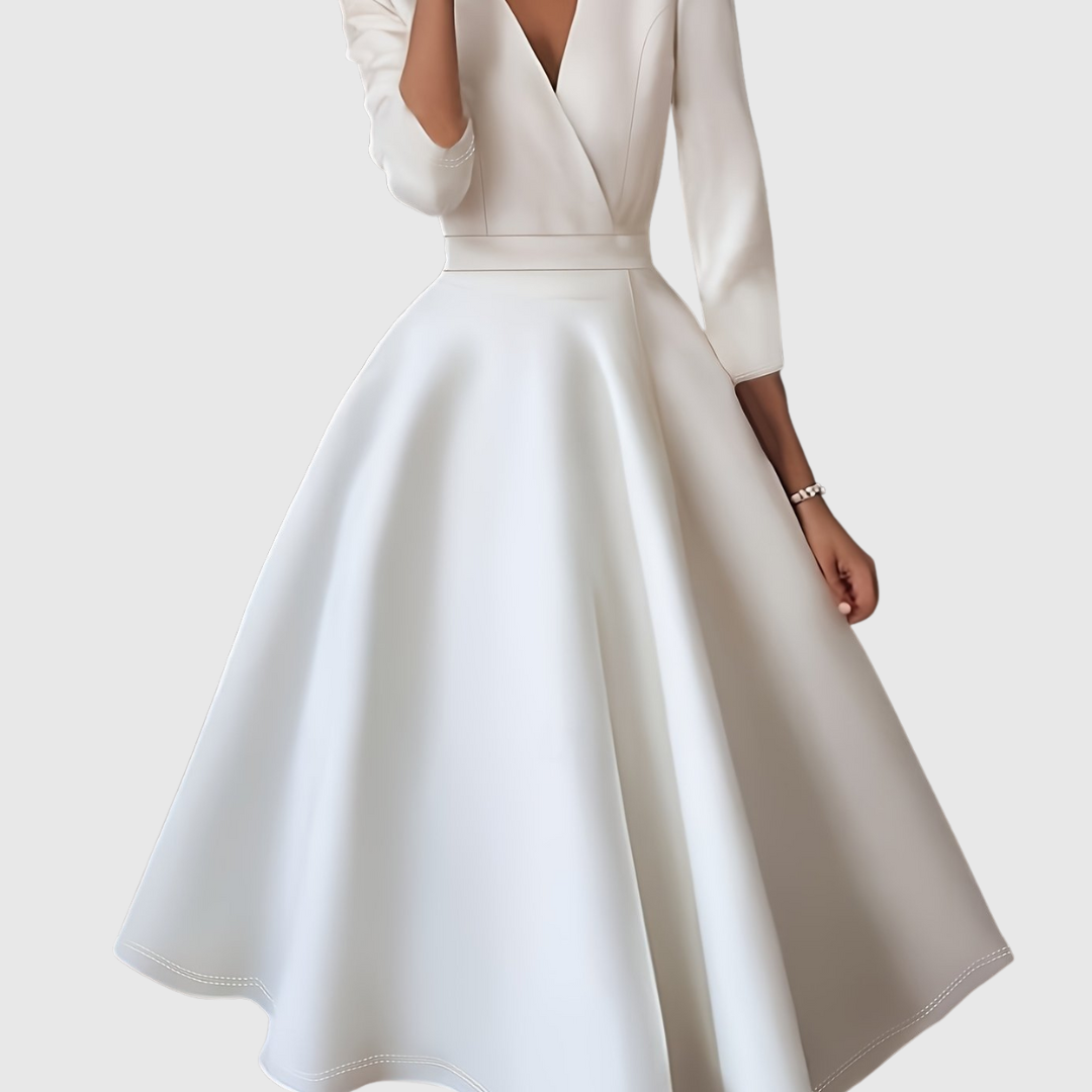 Ruxandra – Rochie Midi cu Talie Înaltă și Mâneci Bufante