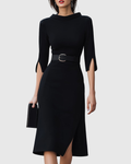 Aurora – Rochie Midi Neagră cu Curea și Tiv Asimetric