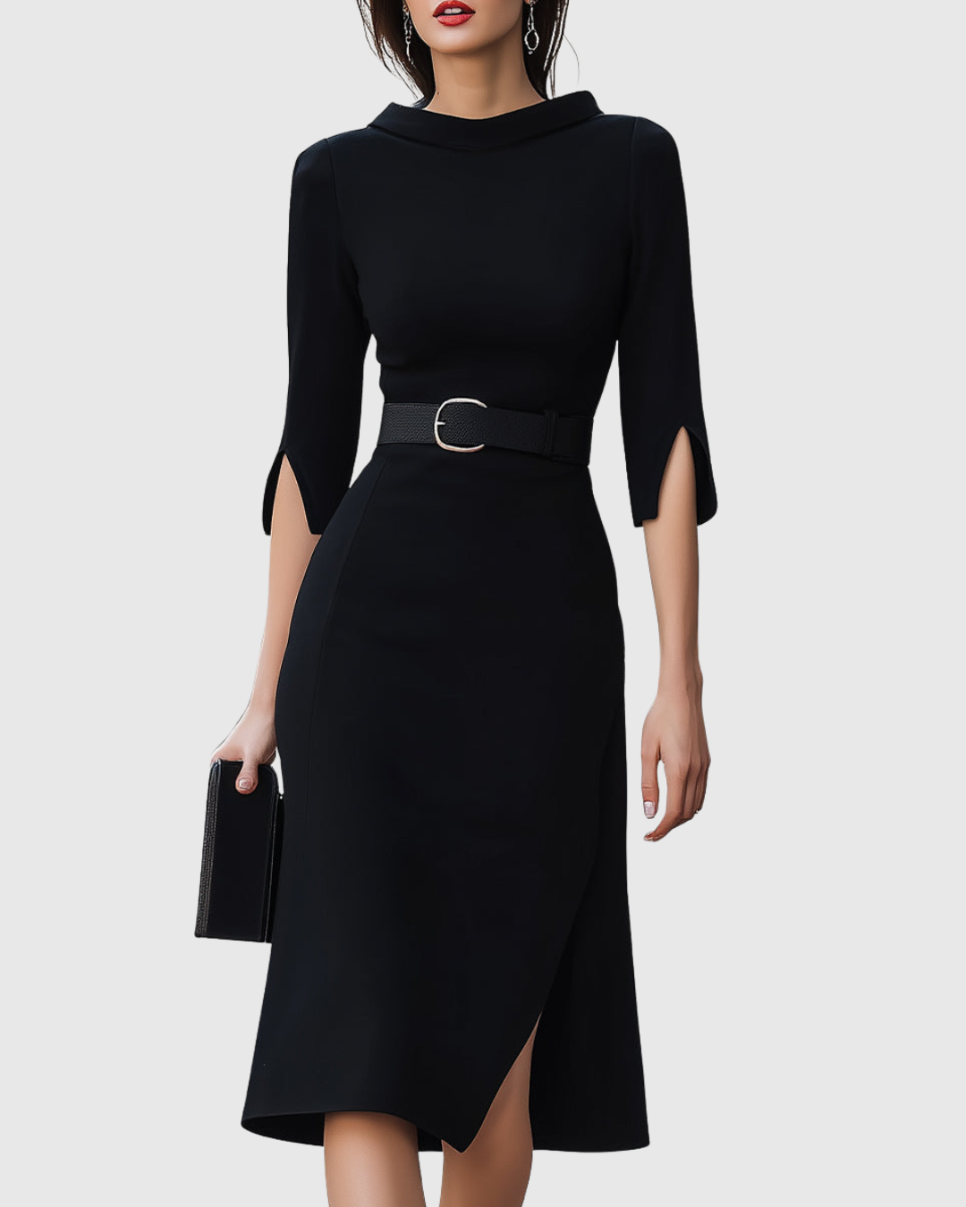 Aurora – Rochie Midi Neagră cu Curea și Tiv Asimetric
