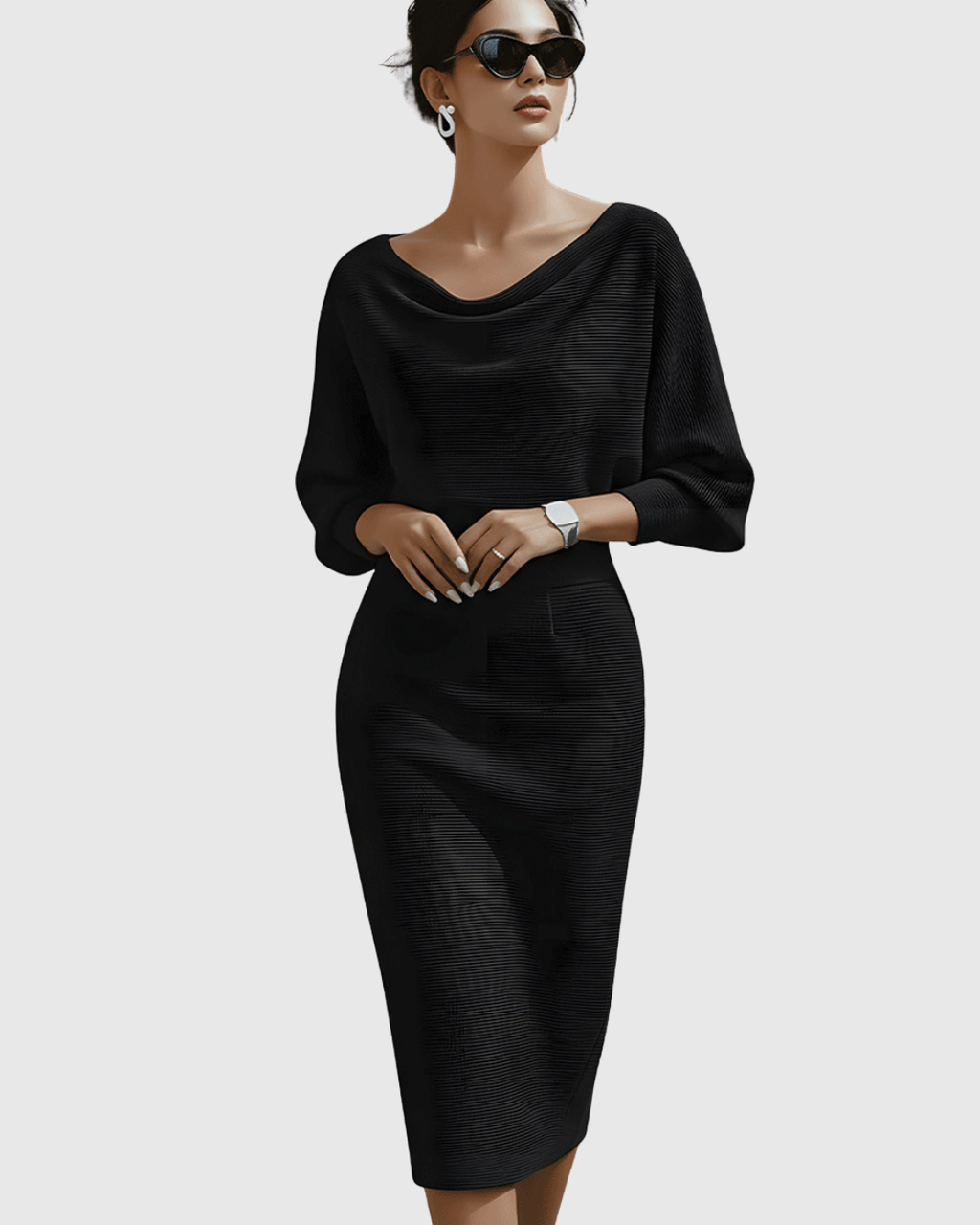 Violeta – Rochie Midi Drapată cu Mâneci Ample