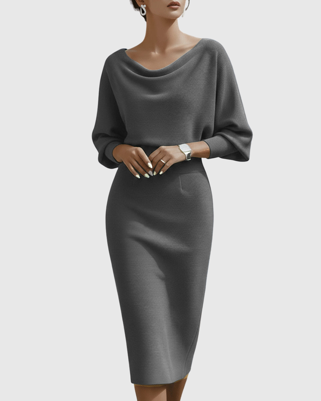 Violeta – Rochie Midi Drapată cu Mâneci Ample