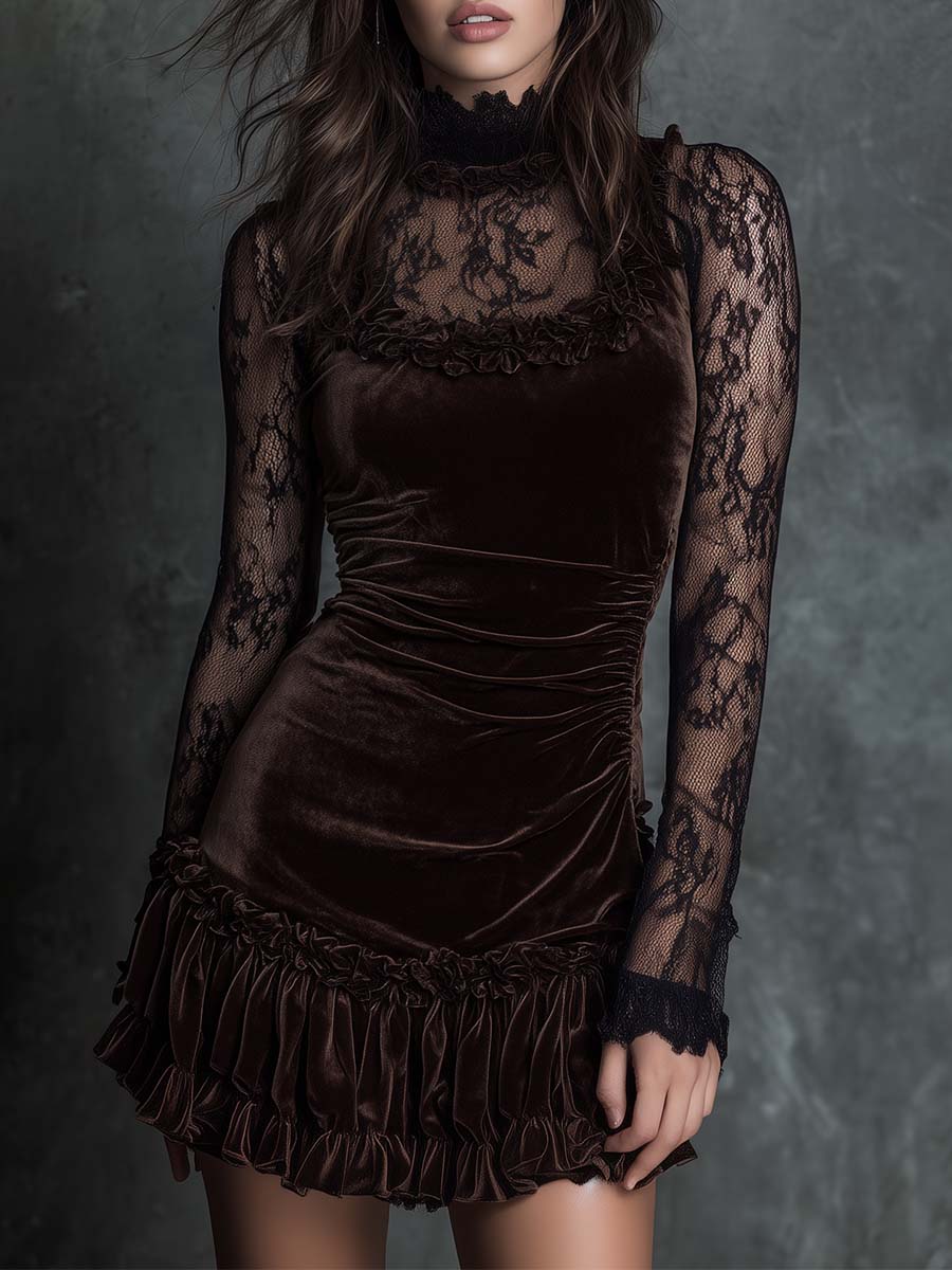 Rochie mini plisată din dantelă de catifea chocolate gothic