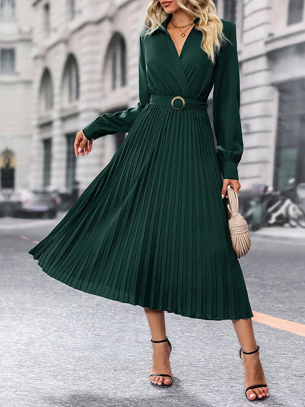 Elina – Rochie de Damă Elegantă Midi Plisată cu Mâneci Lungi