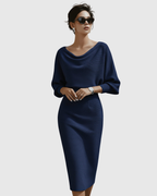 Violeta – Rochie Midi Drapată cu Mâneci Ample