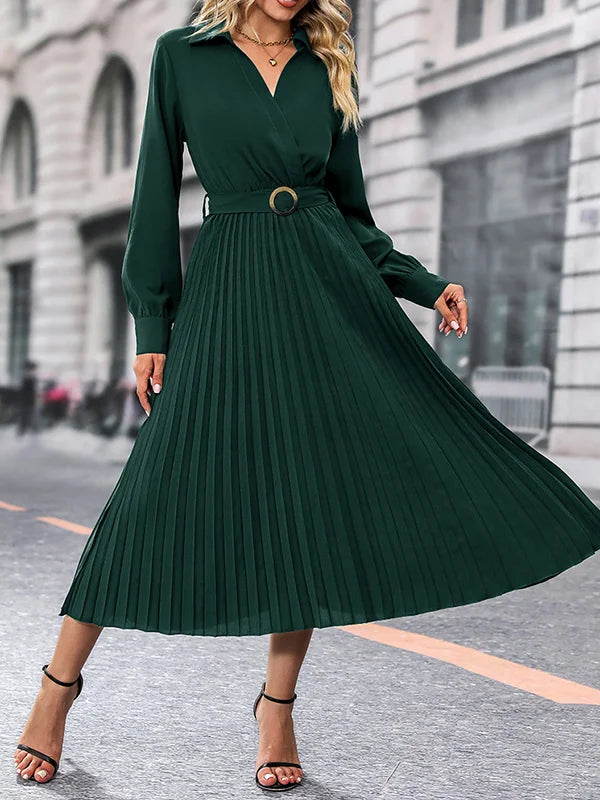 Elina – Rochie de Damă Elegantă Midi Plisată cu Mâneci Lungi
