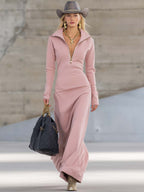 Valeria – Rochie maxi sport retro elegantă cu decolteu în V și fermoar
