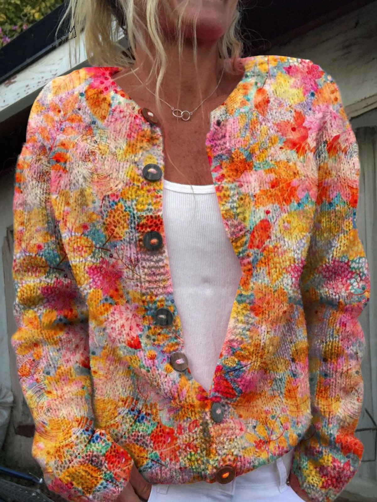 Pulover casual cu imprimeu floral și nasturi