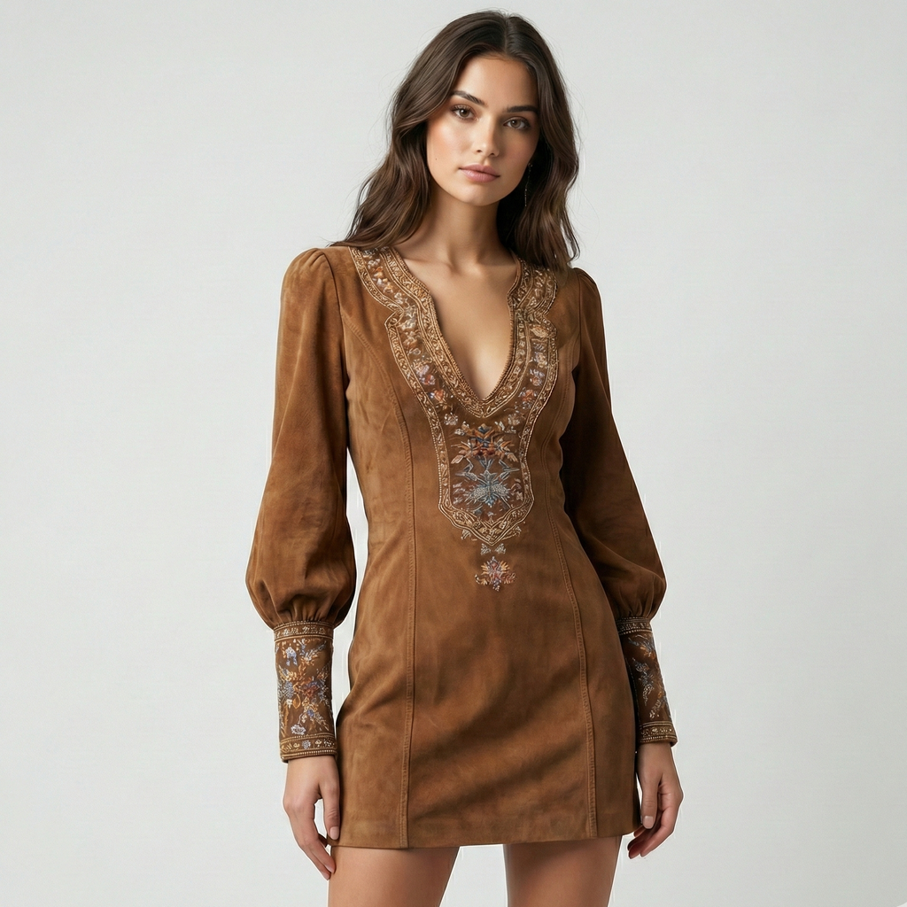 Amalia – Rochie mini vintage din suede cu broderie