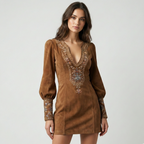 Amalia – Rochie mini vintage din suede cu broderie