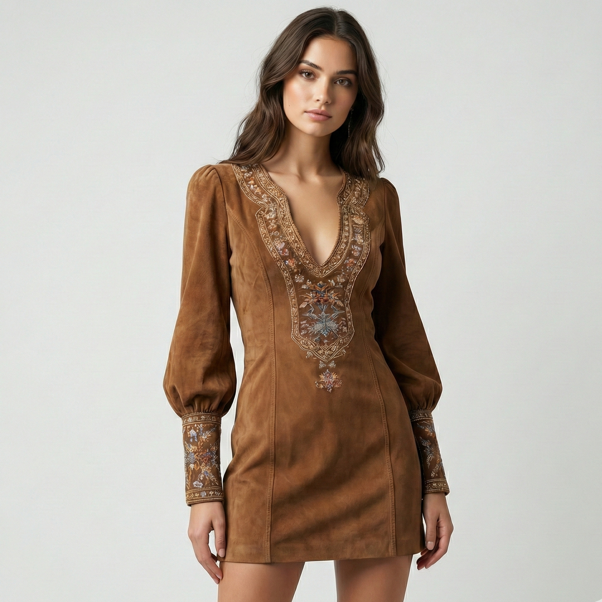 Amalia – Rochie mini vintage din suede cu broderie