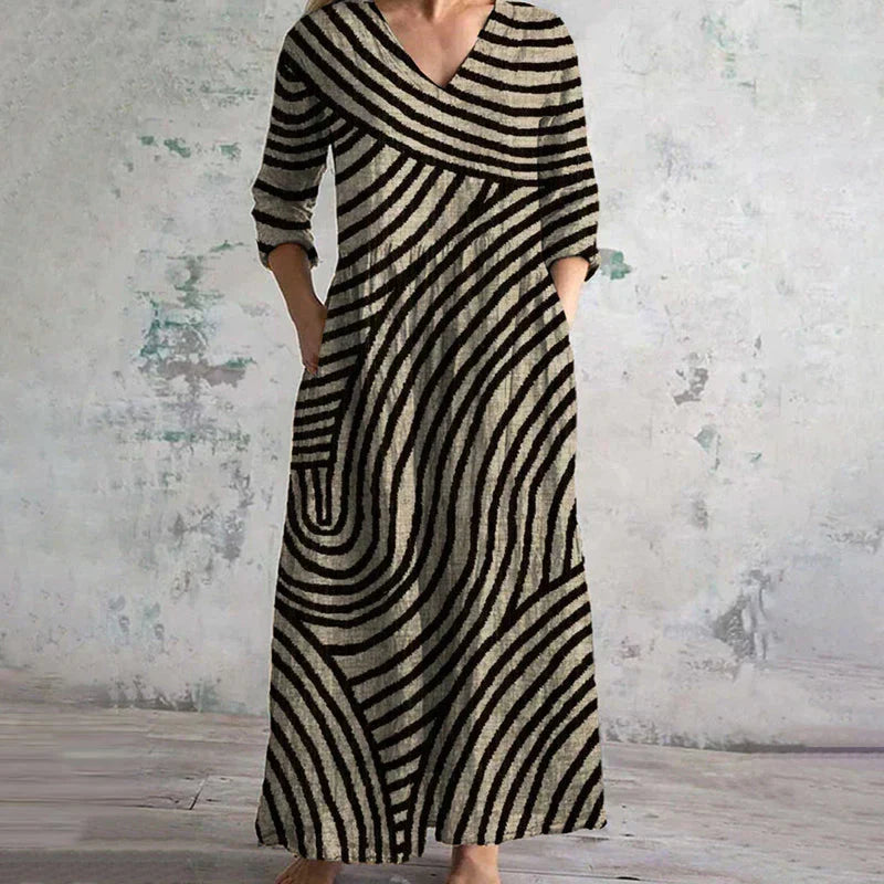 Belinda – Rochie Maxi cu Dungi și Decolteu în Formă de V