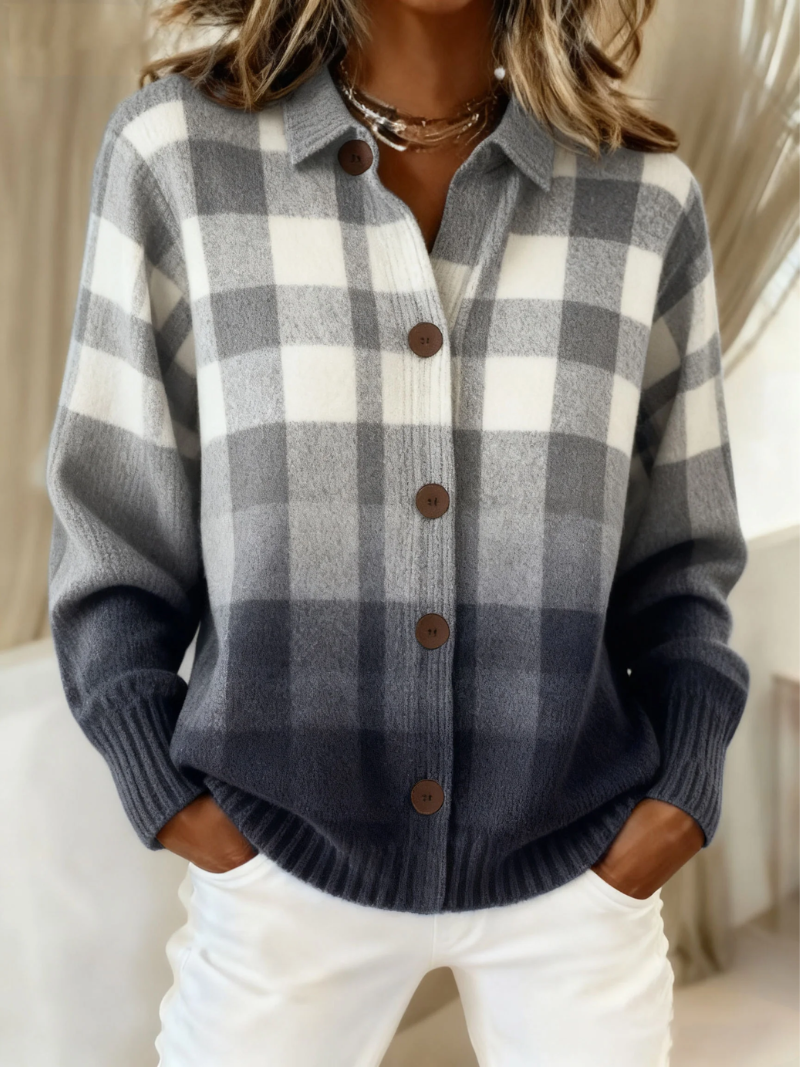 Agnes | Cardigan caroiat gri, cu efect ombre, cu nasturi