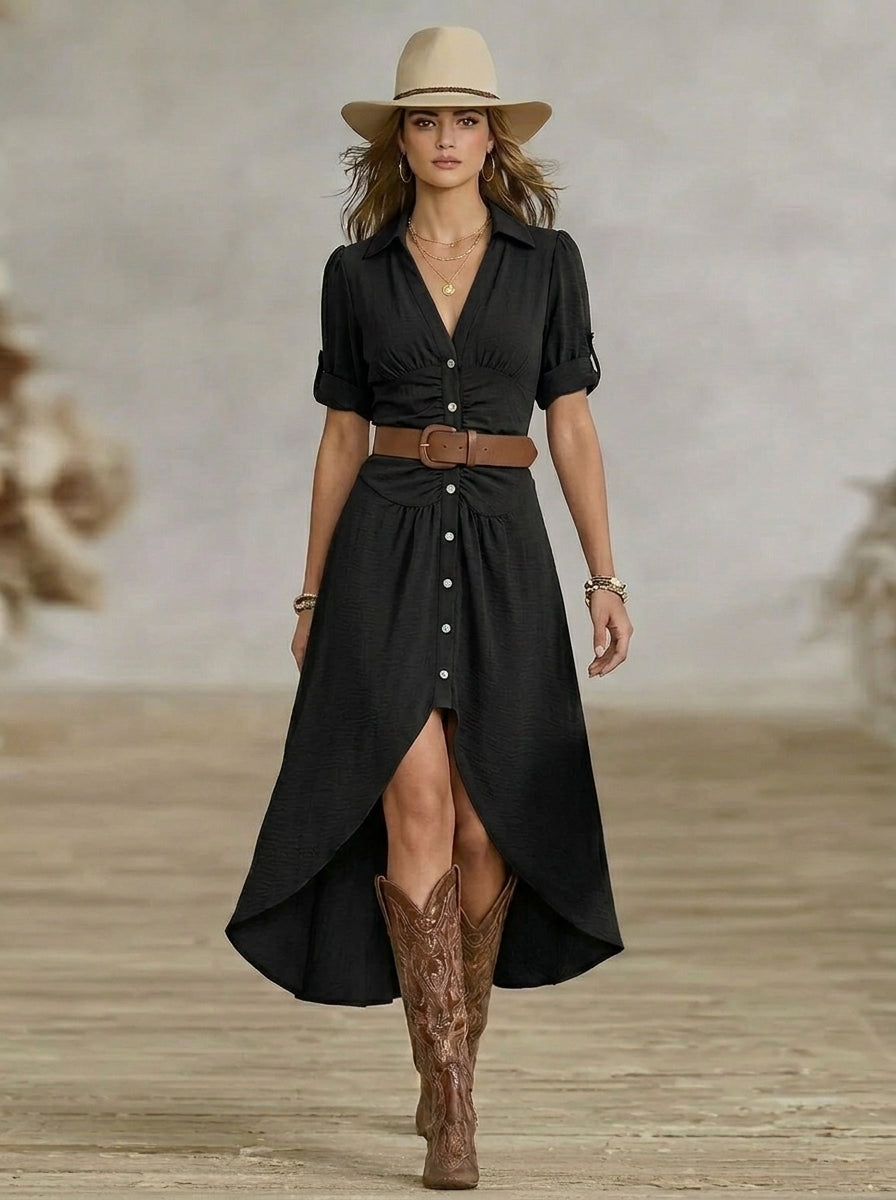 Sânziana – Rochie Maxi Western-Boho cu Curea și Nasturi Frontali