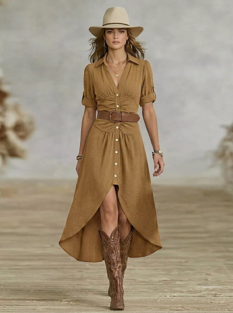 Sânziana – Rochie Maxi Western-Boho cu Curea și Nasturi Frontali
