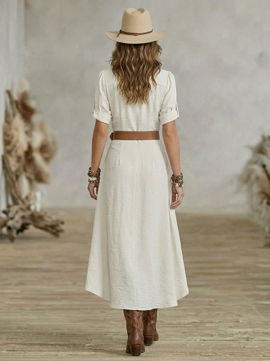 Sânziana – Rochie Maxi Western-Boho cu Curea și Nasturi Frontali