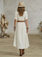 Sânziana – Rochie Maxi Western-Boho cu Curea și Nasturi Frontali
