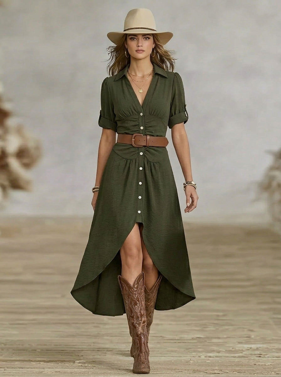 Sânziana – Rochie Maxi Western-Boho cu Curea și Nasturi Frontali