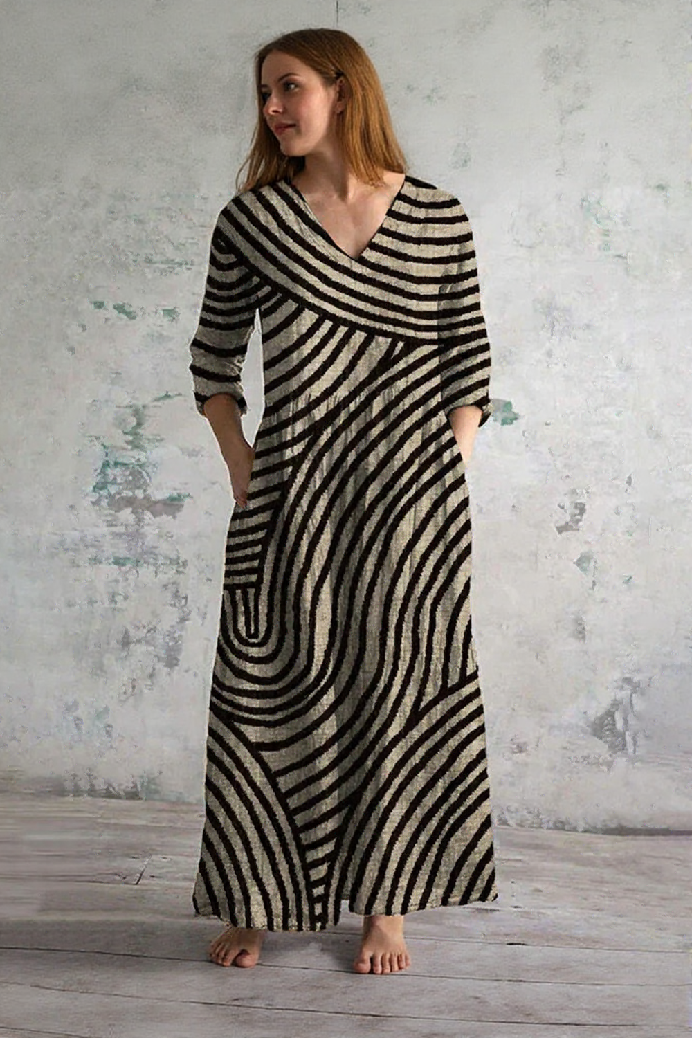 Belinda – Rochie Maxi cu Dungi și Decolteu în Formă de V