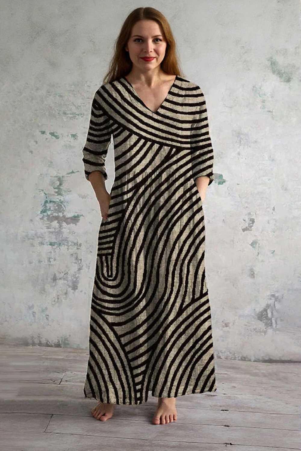 Belinda – Rochie Maxi cu Dungi și Decolteu în Formă de V