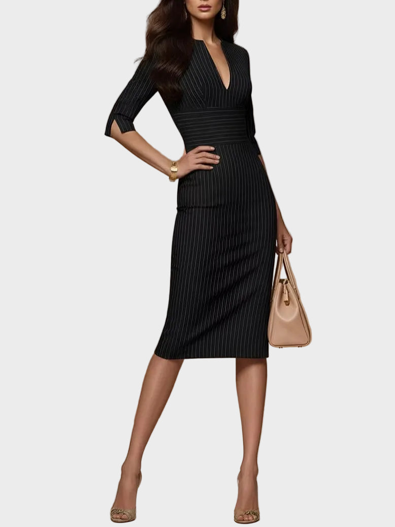 Elena – Rochie Midi cu Mâneci Scurte și Dungi Negre