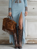 Valentina – Rochie lungă stil western cu jumătate de fermoar, broderie și franjuri
