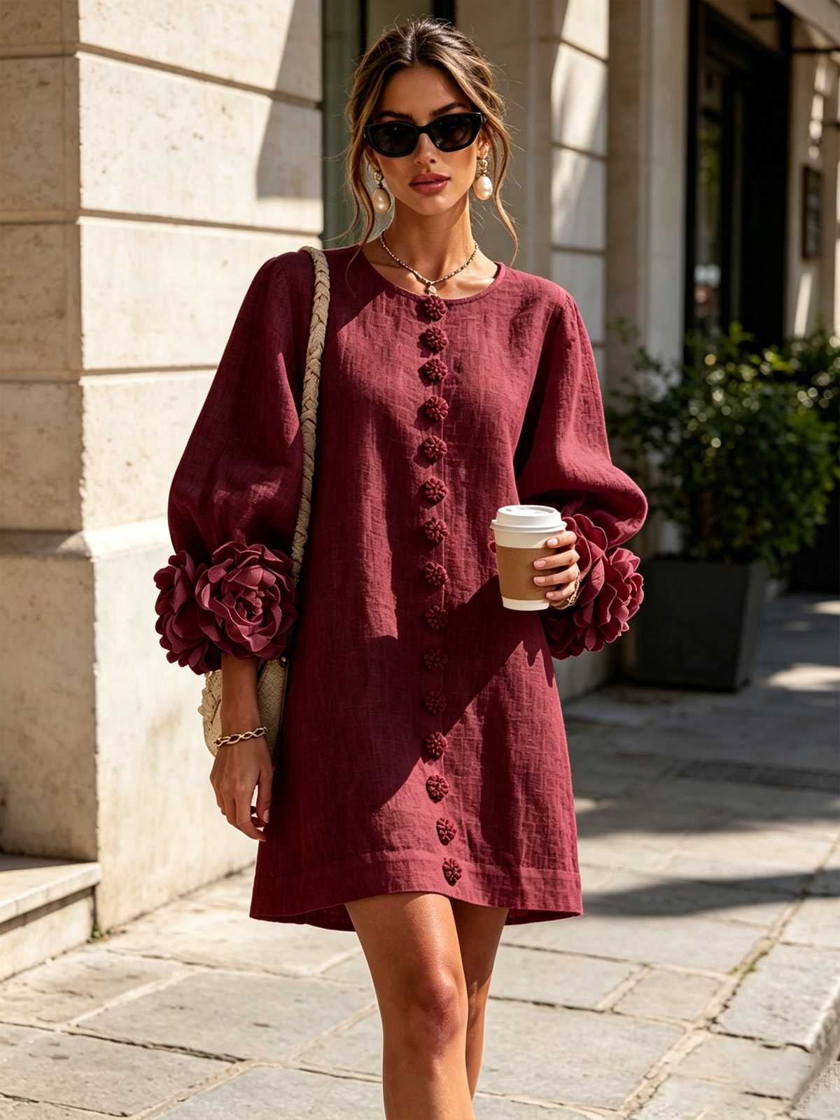 Rochie mini de damă cu nasturi florali, mâneci 3/4 și manșete în formă de trandafir