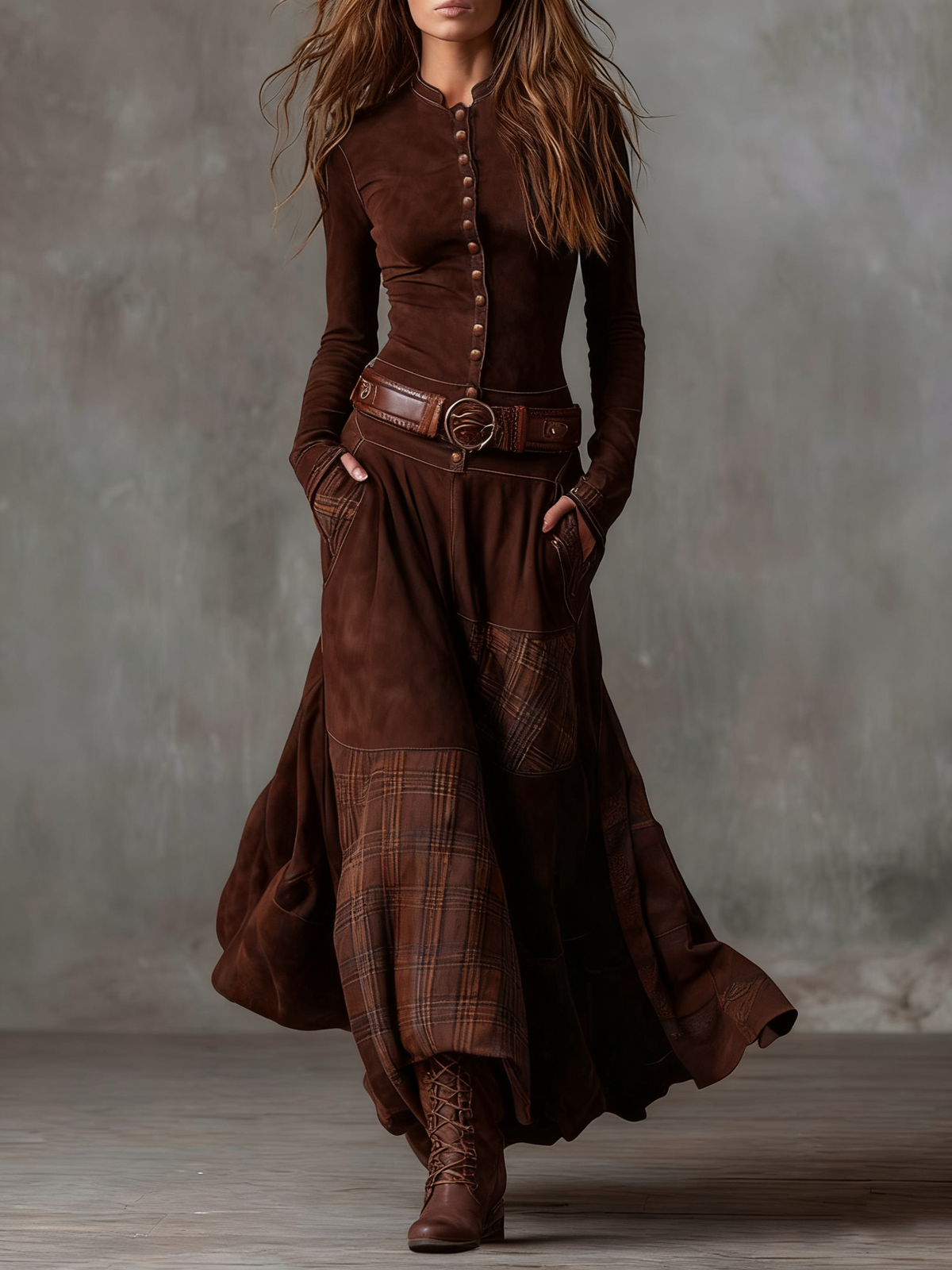 Lorena – Rochie lungă vintage din ante cu carouri bleumarin (include curea)