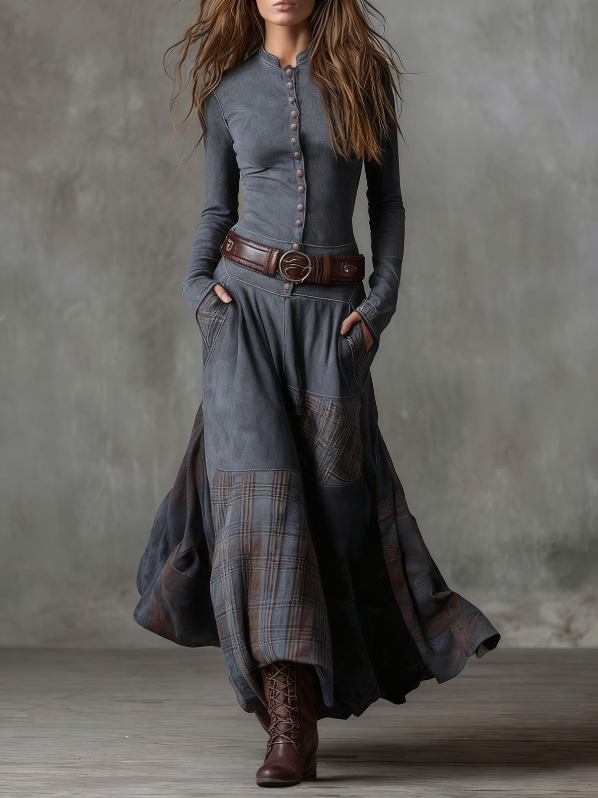 Lorena – Rochie lungă vintage din ante cu carouri bleumarin (include curea)