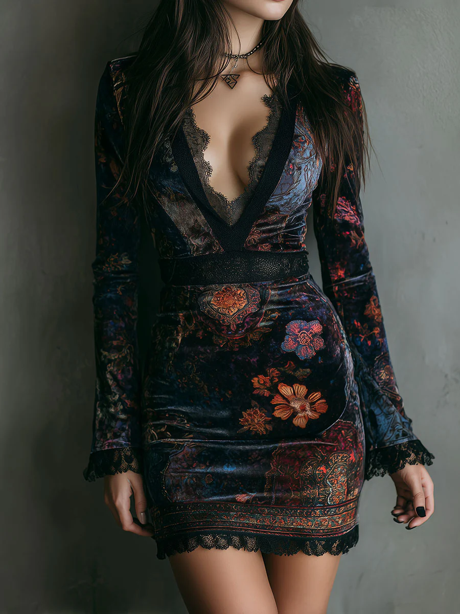 Rochie Mini Slim-fit din Catifea cu Imprimeu Floral și Dantelă la Gât