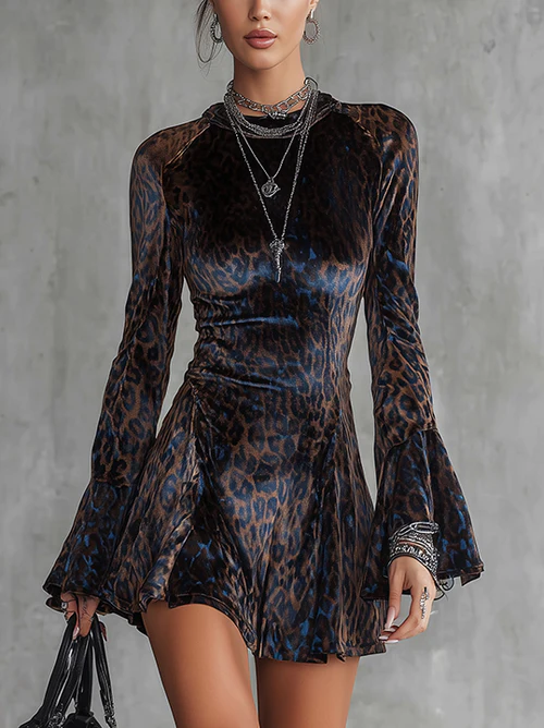 Rochie Mini din Catifea cu Print Leopard Albastru