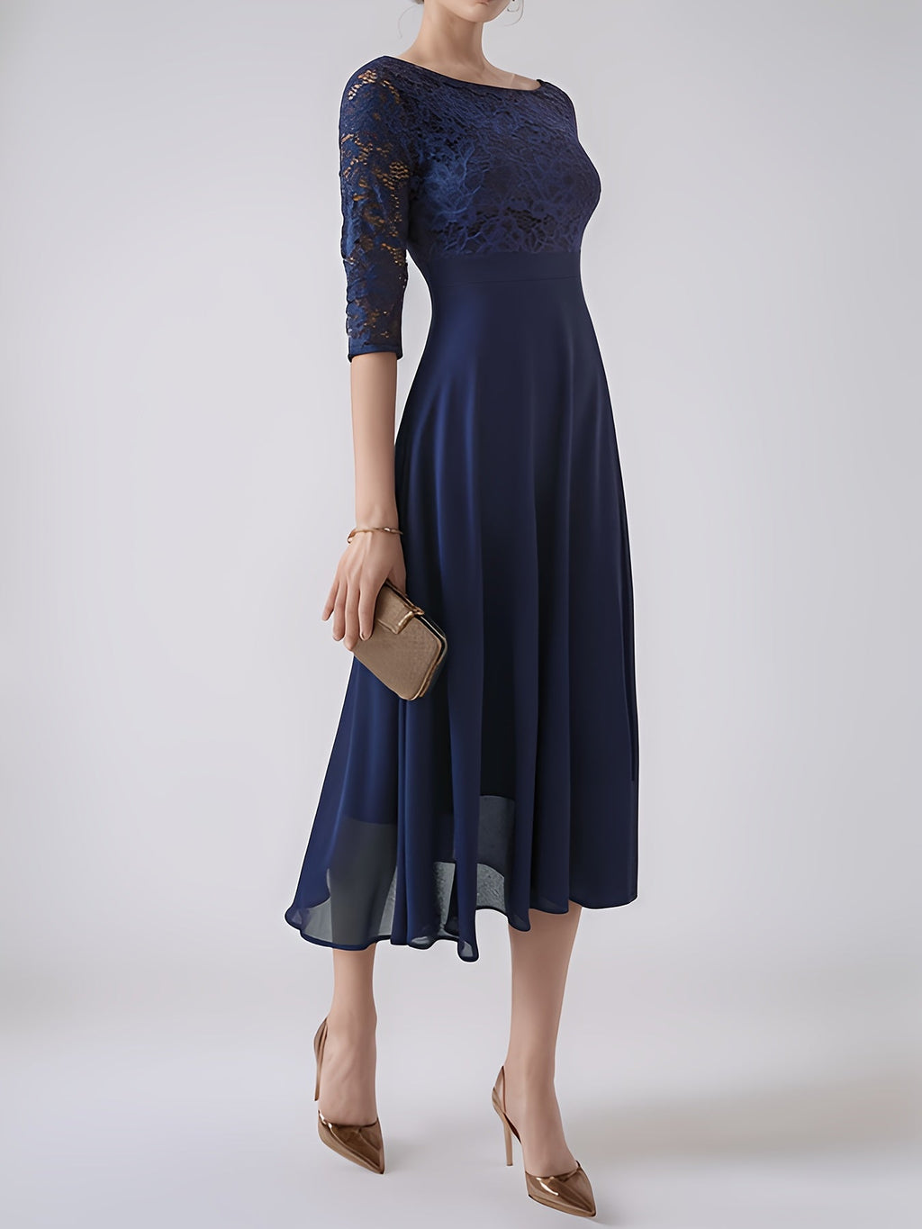 Clara – Rochie de Seară Bleumarin cu Dantelă
