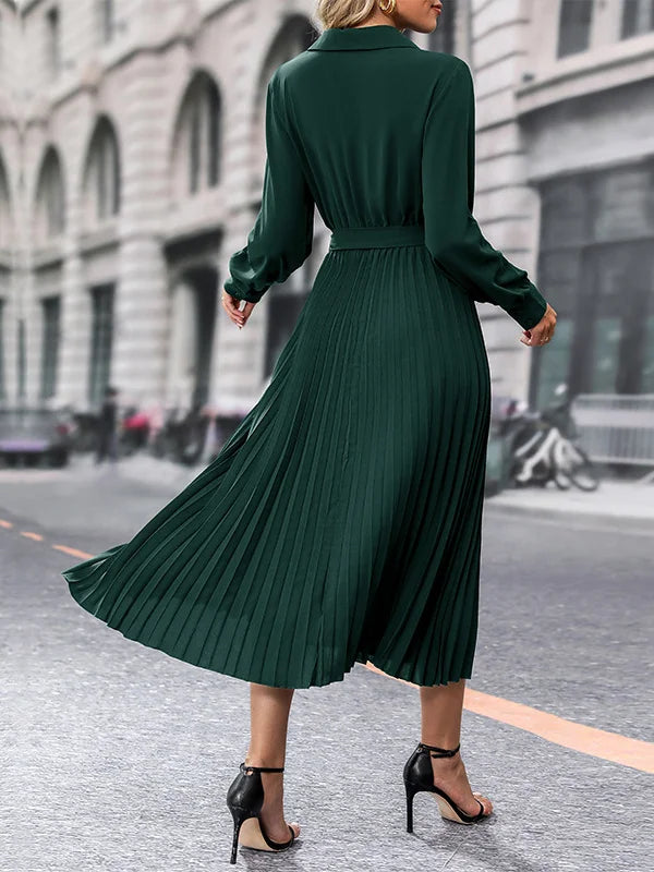 Elina – Rochie de Damă Elegantă Midi Plisată cu Mâneci Lungi
