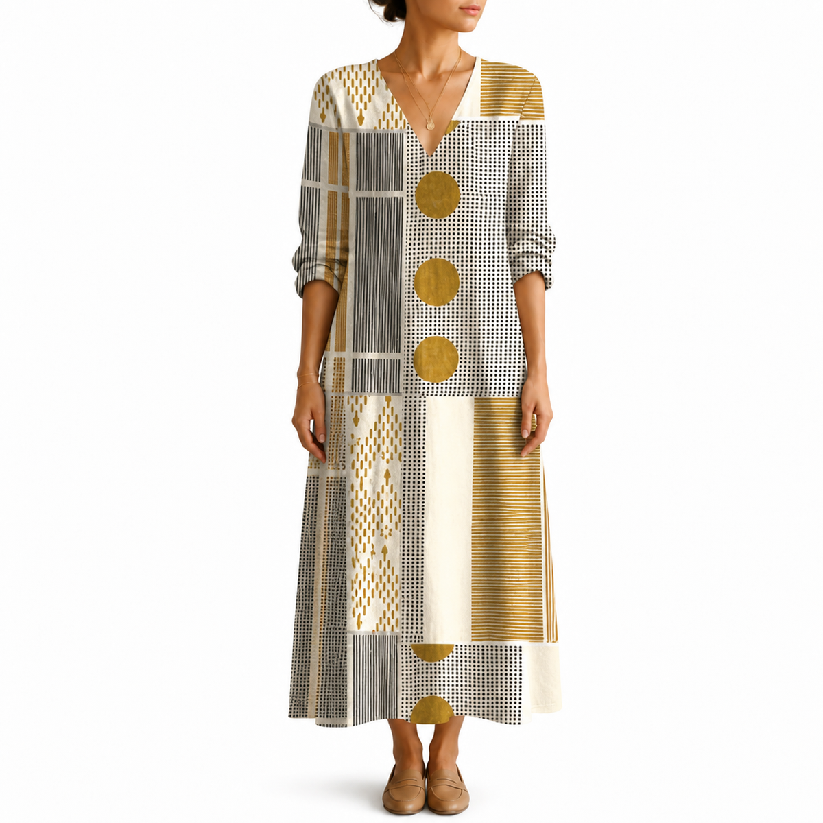 Emilia – Rochie Artistică în Stil Patchwork Geometric