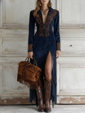 Valentina – Rochie lungă stil western cu jumătate de fermoar, broderie și franjuri