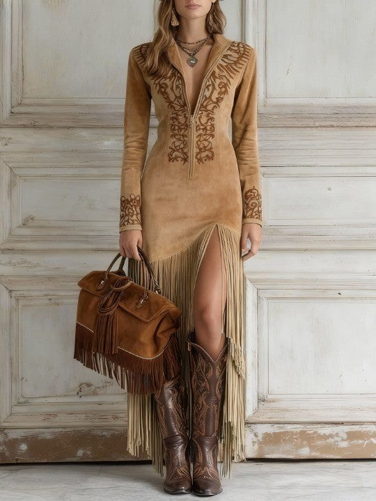 Valentina – Rochie lungă stil western cu jumătate de fermoar, broderie și franjuri